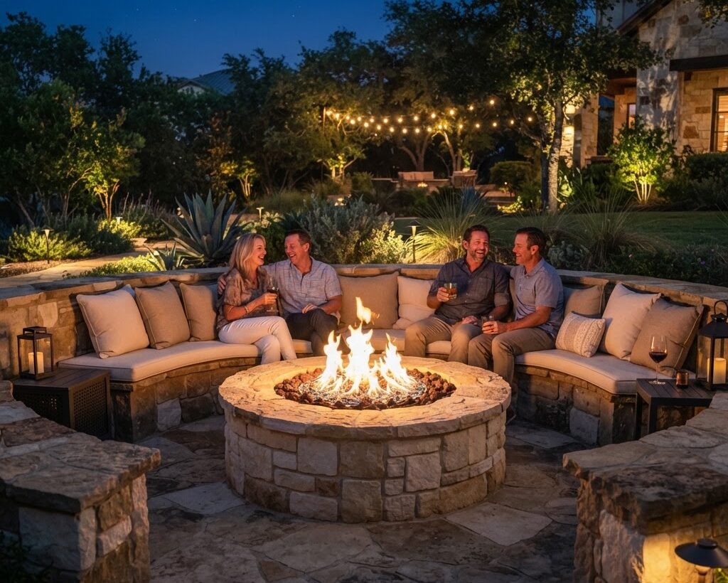 Natural stone outdoor fireplace by Curb Creations