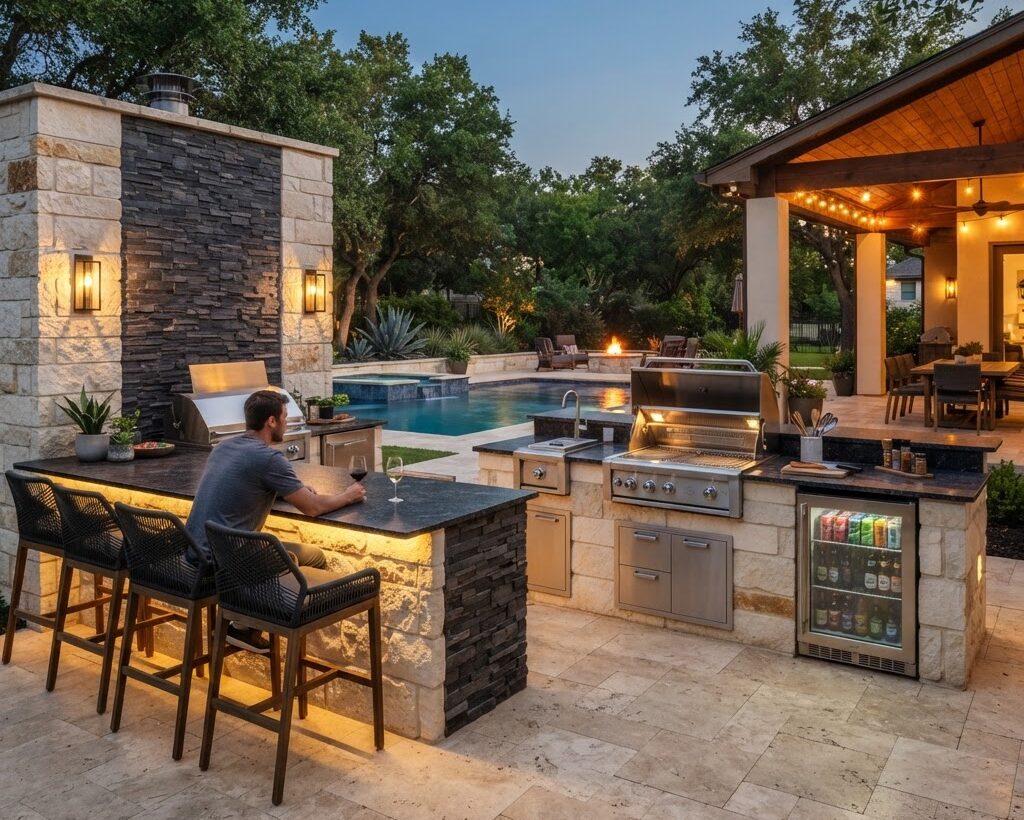 Custom outdoor kitchen with stone island by Curb Creations