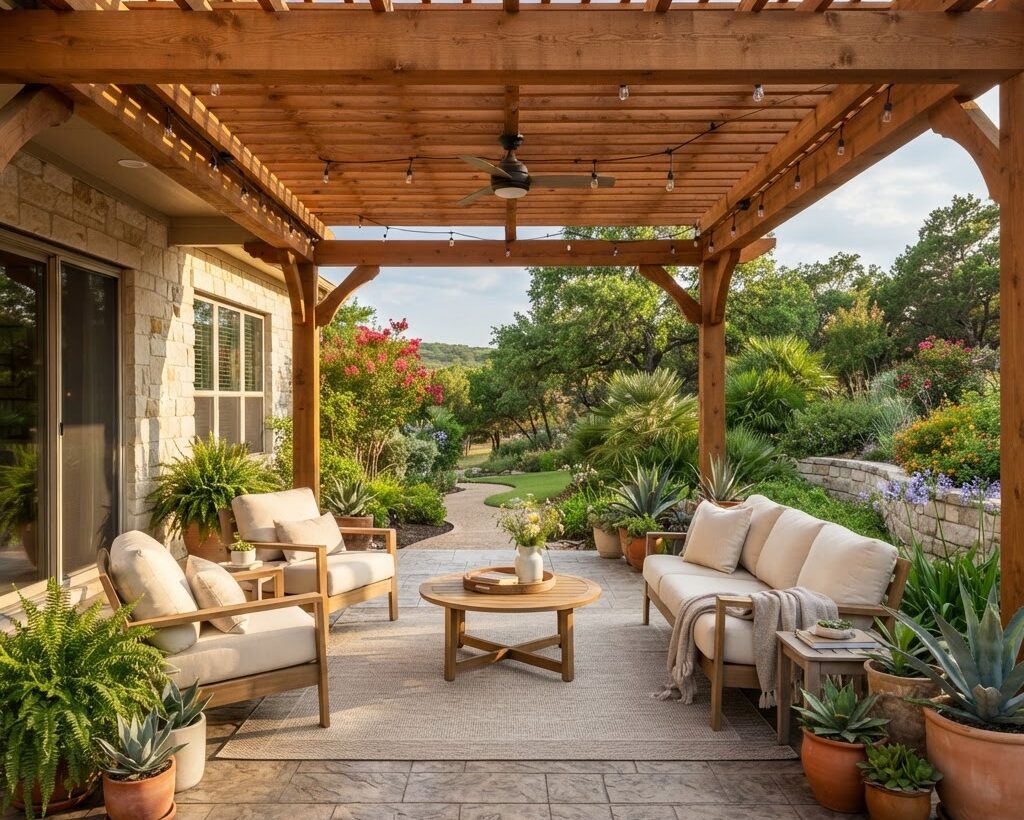 Cedar pergola with integrated lighting by Curb Creations