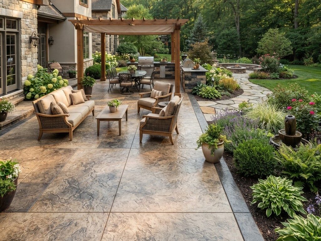 Stamped decorative concrete patio by Curb Creations
