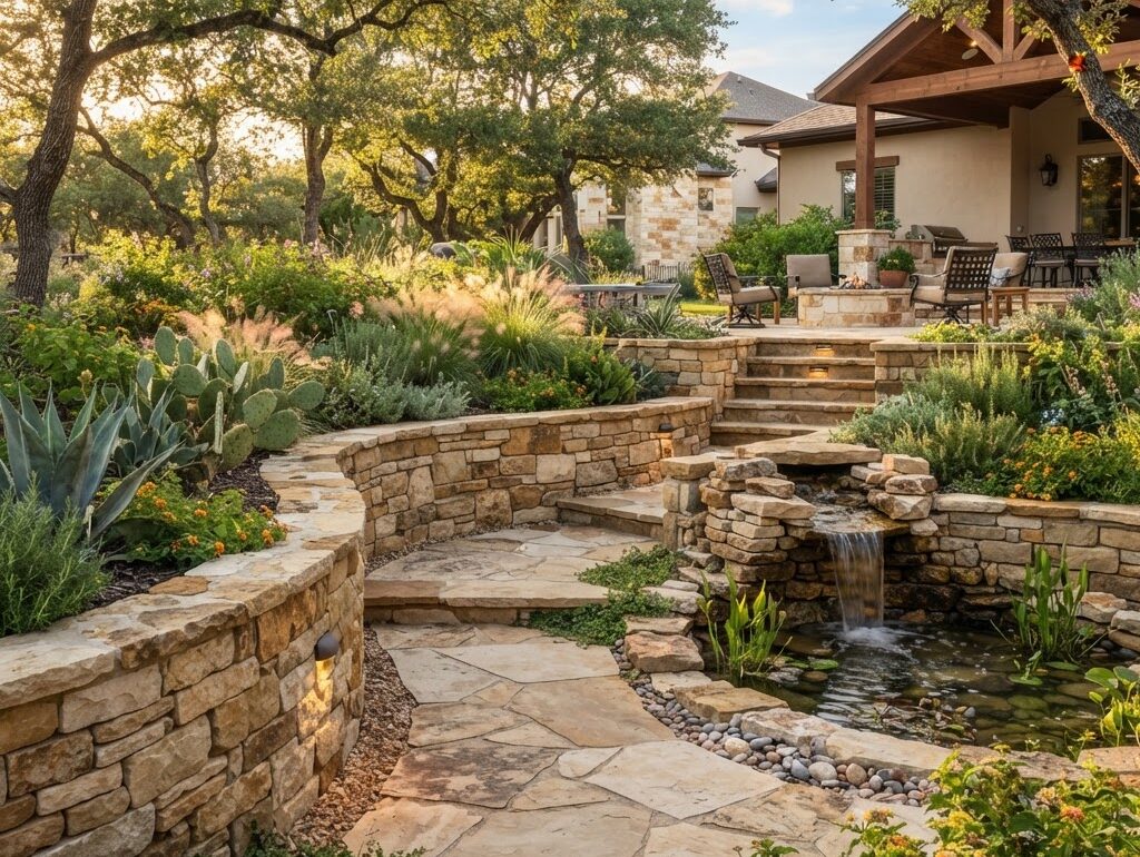 Flagstone and stone masonry retaining wall by Curb Creations