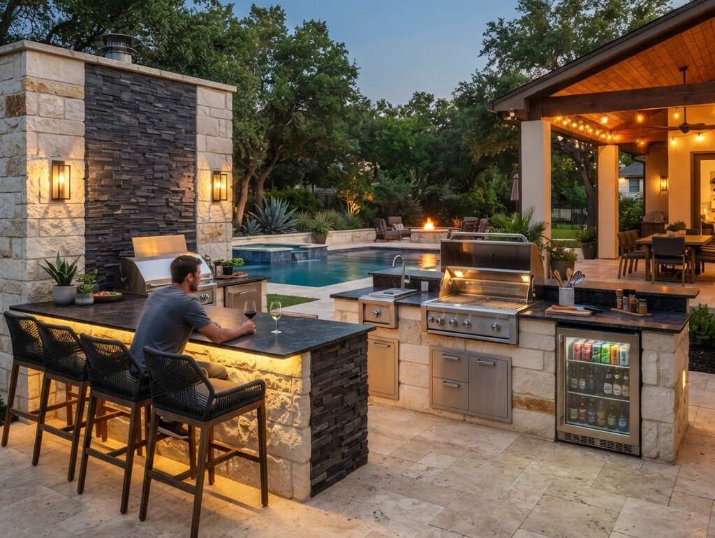 Outdoor kitchen and pergola built by Curb Creations